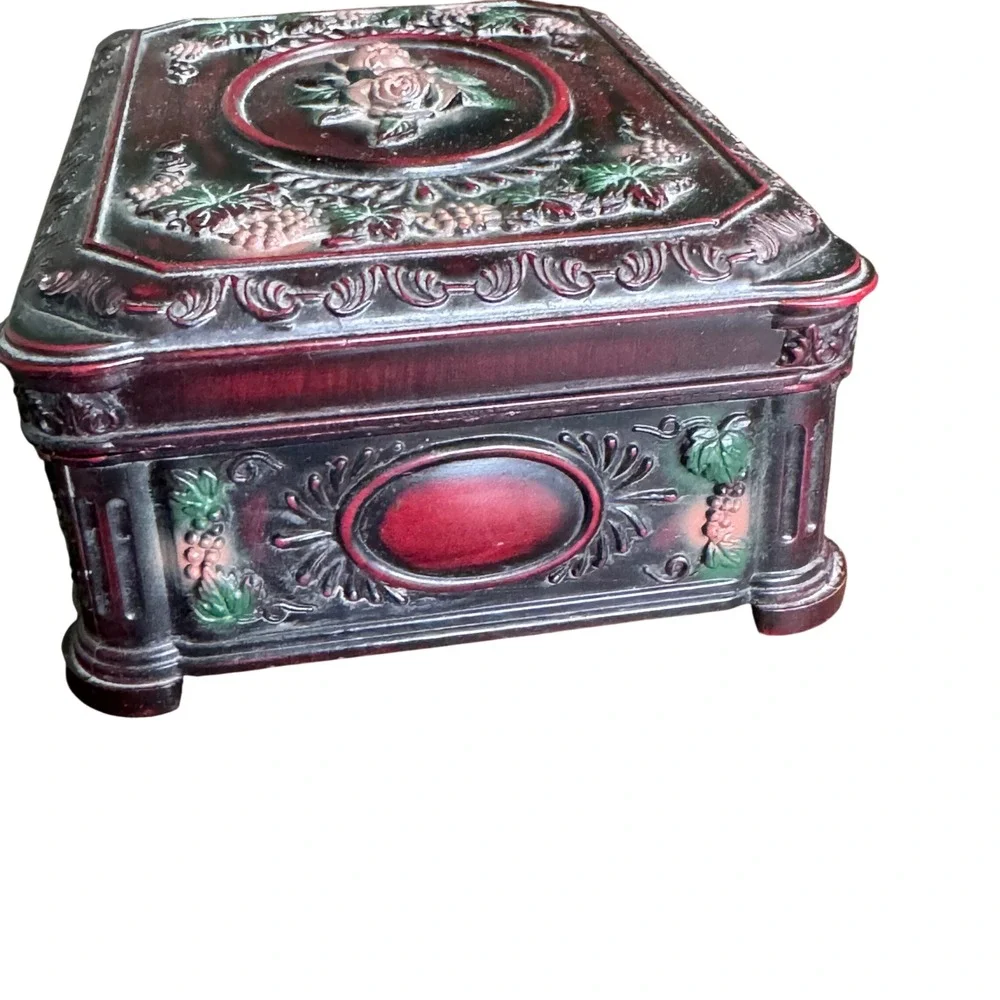 Vintage Style Burgundy Rose and Grapevine Relief Celluloid Jewelry Box